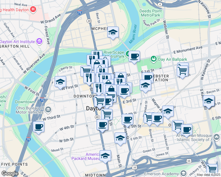 map of restaurants, bars, coffee shops, grocery stores, and more near 110 North Main Street in Dayton