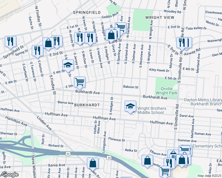 map of restaurants, bars, coffee shops, grocery stores, and more near 257 South Hedges Street in Dayton