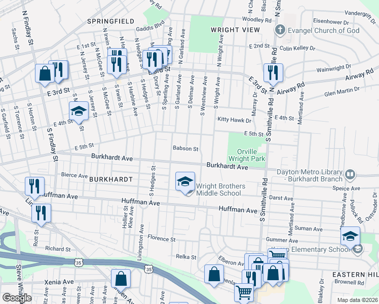 map of restaurants, bars, coffee shops, grocery stores, and more near 219 South Delmar Avenue in Dayton