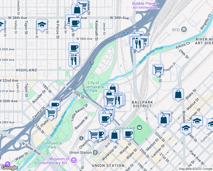 map of restaurants, bars, coffee shops, grocery stores, and more near 3100 Santa Fe Street in Denver