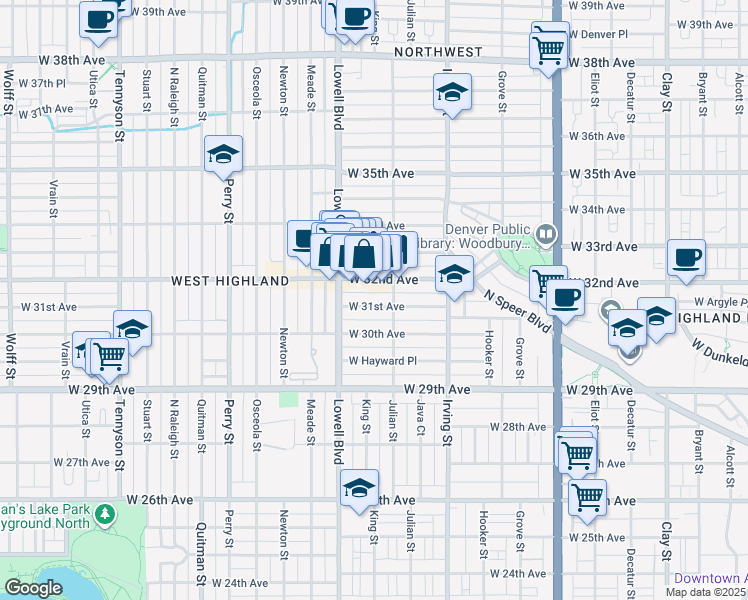 map of restaurants, bars, coffee shops, grocery stores, and more near 3429 West 31st Avenue in Denver