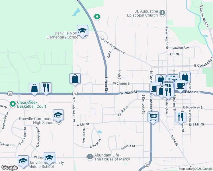 map of restaurants, bars, coffee shops, grocery stores, and more near 0 South State Road 39 in Danville