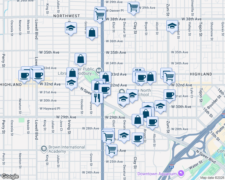 map of restaurants, bars, coffee shops, grocery stores, and more near 2900 West 32nd Avenue in Denver
