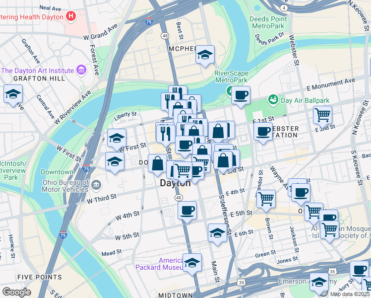 map of restaurants, bars, coffee shops, grocery stores, and more near 126 North Main Street in Dayton