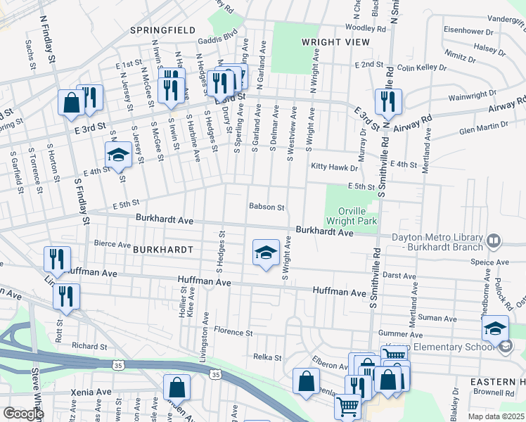 map of restaurants, bars, coffee shops, grocery stores, and more near 3526 Babson Street in Dayton
