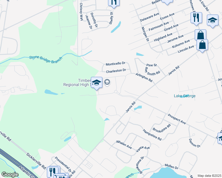 map of restaurants, bars, coffee shops, grocery stores, and more near 501 Jarvis Road in Camden County