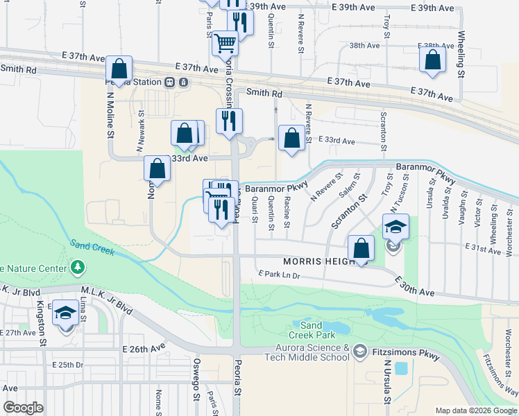map of restaurants, bars, coffee shops, grocery stores, and more near 3180 Quari Street in Aurora