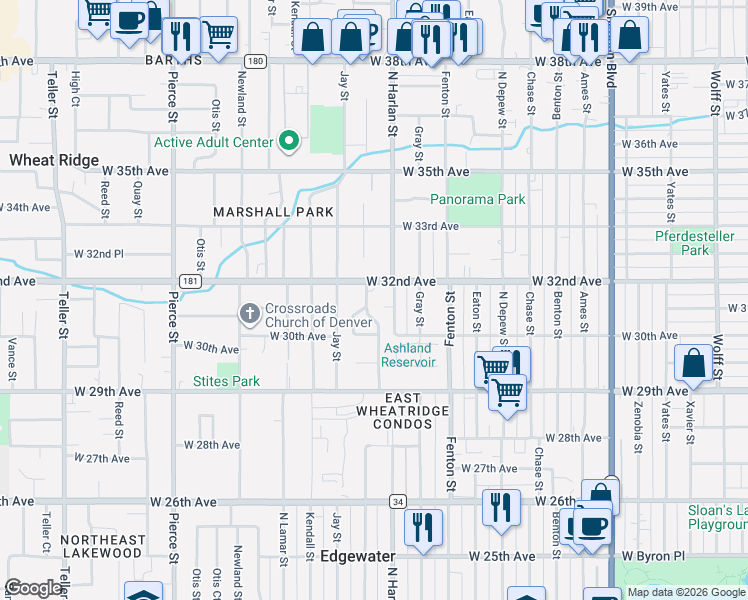 map of restaurants, bars, coffee shops, grocery stores, and more near 6000 West 32nd Avenue in Wheat Ridge