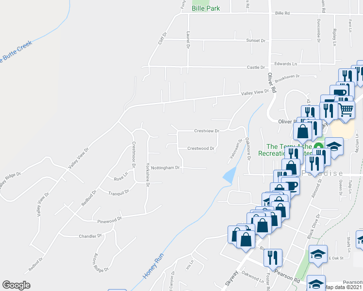 map of restaurants, bars, coffee shops, grocery stores, and more near 471 Crestwood Drive in Paradise