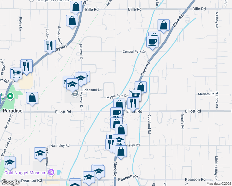 map of restaurants, bars, coffee shops, grocery stores, and more near 992 Maple Park Drive in Paradise