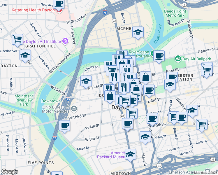 map of restaurants, bars, coffee shops, grocery stores, and more near 131 North Ludlow Street in Dayton