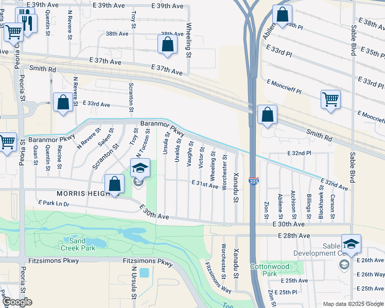 map of restaurants, bars, coffee shops, grocery stores, and more near 3176 Vaughn Street in Aurora