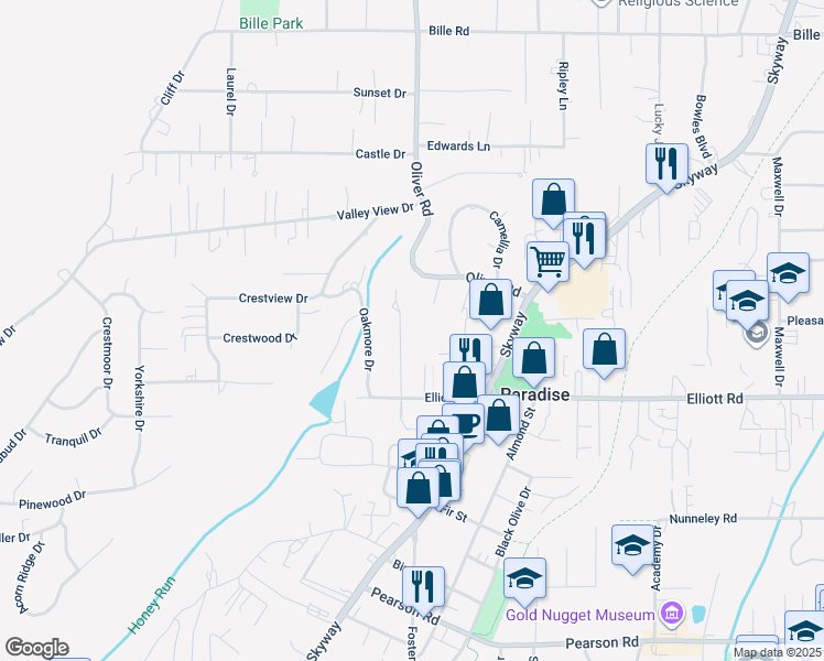 map of restaurants, bars, coffee shops, grocery stores, and more near 5936 Pine View Drive in Paradise
