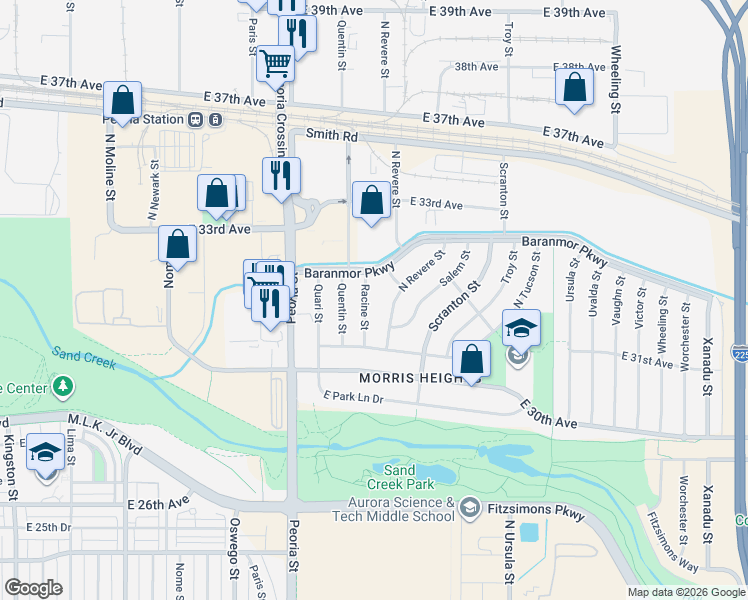 map of restaurants, bars, coffee shops, grocery stores, and more near 3181 Racine Street in Aurora