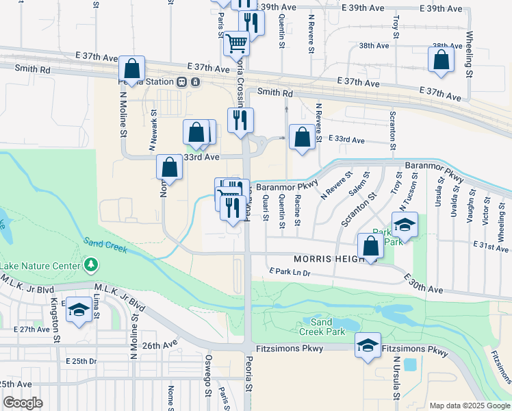 map of restaurants, bars, coffee shops, grocery stores, and more near in Aurora