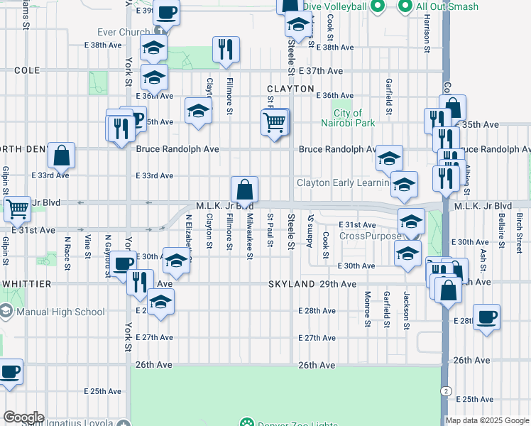 map of restaurants, bars, coffee shops, grocery stores, and more near 3200 Milwaukee Street in Denver