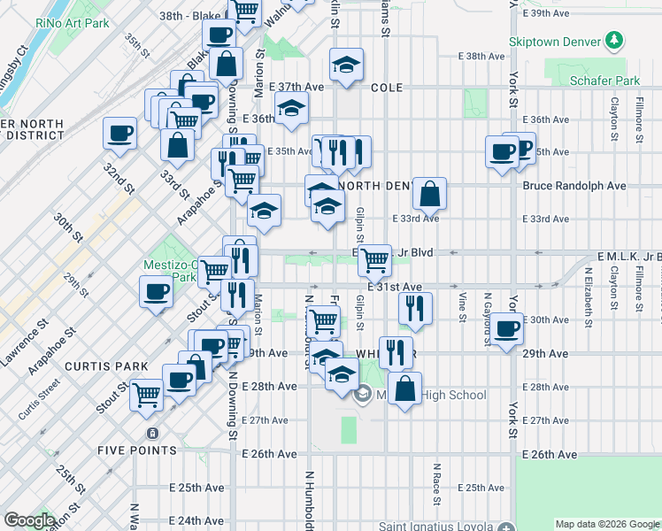 map of restaurants, bars, coffee shops, grocery stores, and more near 1603 Martin Luther King Junior Boulevard in Denver
