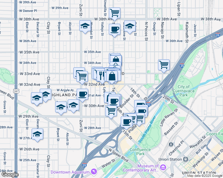 map of restaurants, bars, coffee shops, grocery stores, and more near in Denver