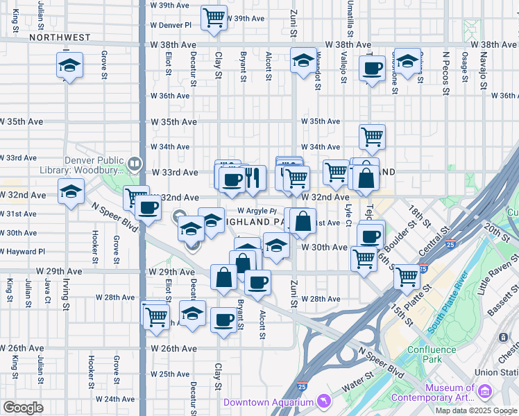map of restaurants, bars, coffee shops, grocery stores, and more near 2519 West 32nd Avenue in Denver