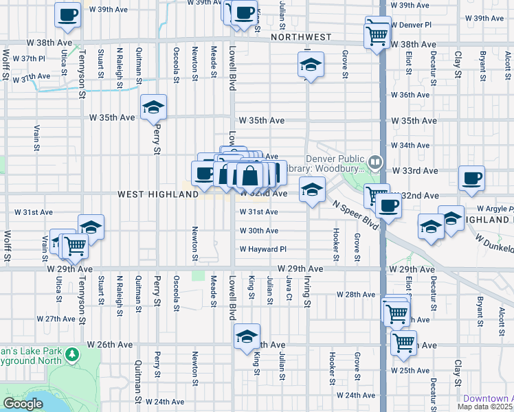 map of restaurants, bars, coffee shops, grocery stores, and more near 3424 West 32nd Avenue in Denver