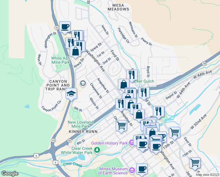 map of restaurants, bars, coffee shops, grocery stores, and more near 408 Washington Avenue in Golden