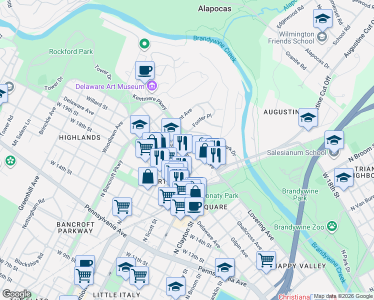 map of restaurants, bars, coffee shops, grocery stores, and more near 1916 North Union Street in Wilmington