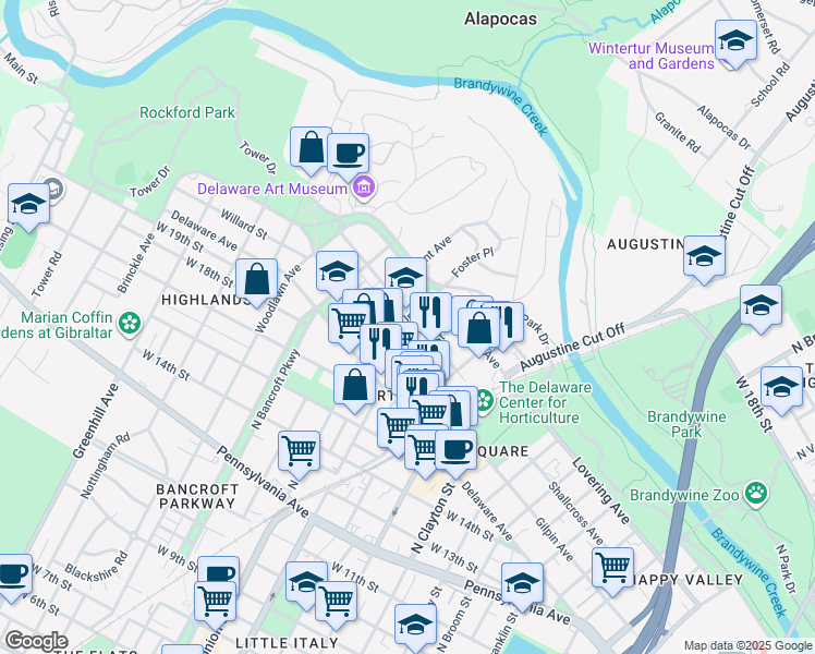map of restaurants, bars, coffee shops, grocery stores, and more near 2006 Shallcross Avenue in Wilmington