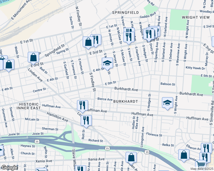map of restaurants, bars, coffee shops, grocery stores, and more near 2817 East 5th Street in Dayton