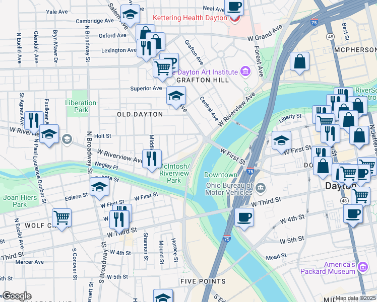 map of restaurants, bars, coffee shops, grocery stores, and more near 849 Riverview Terrace in Dayton