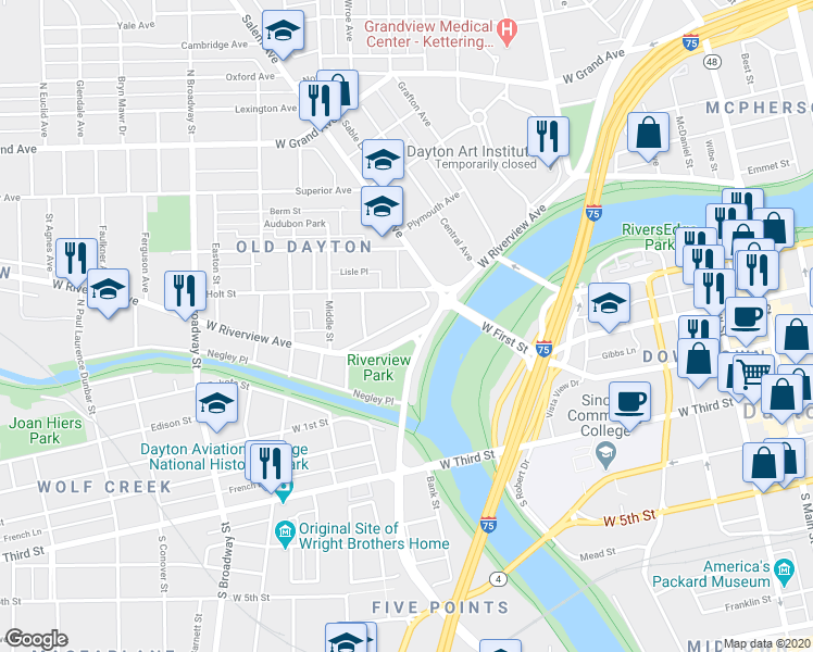 map of restaurants, bars, coffee shops, grocery stores, and more near 849 Riverview Terrace in Dayton