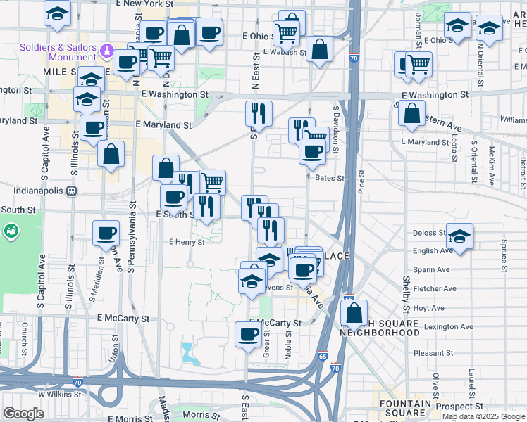 map of restaurants, bars, coffee shops, grocery stores, and more near 533 Lord Street in Indianapolis
