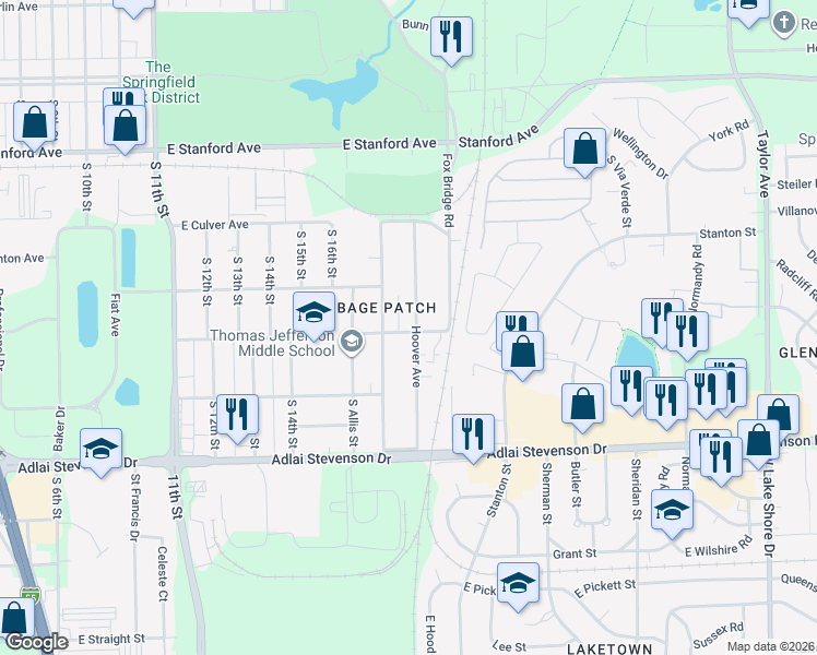 map of restaurants, bars, coffee shops, grocery stores, and more near 2913 Hoover Avenue in Springfield
