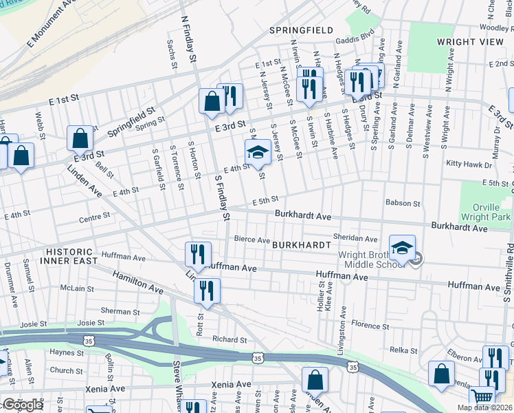 map of restaurants, bars, coffee shops, grocery stores, and more near 2817 East 5th Street in Dayton