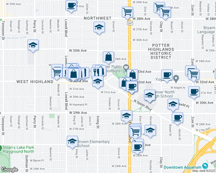 map of restaurants, bars, coffee shops, grocery stores, and more near 3159 N Speer Blvd in Denver
