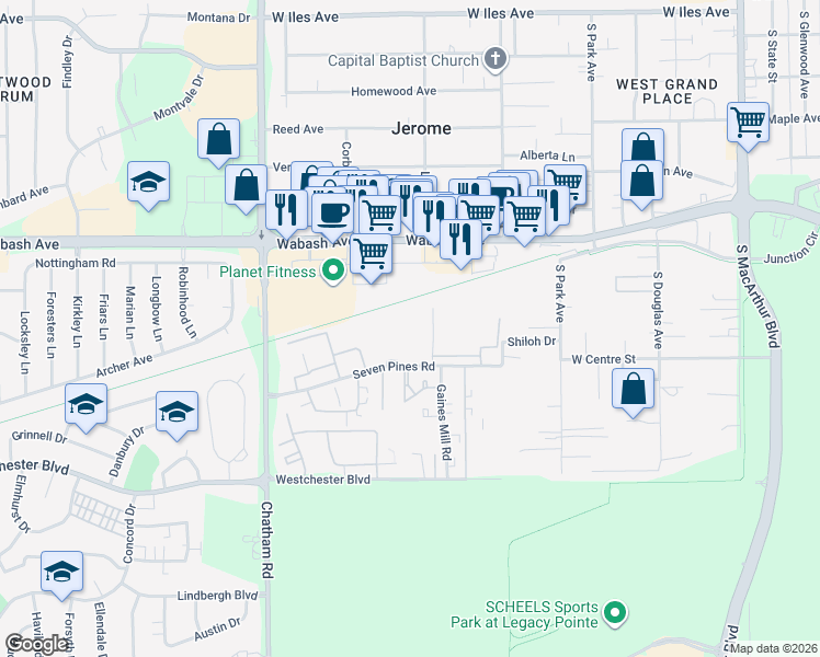 map of restaurants, bars, coffee shops, grocery stores, and more near 1665 Seven Pines Road in Springfield