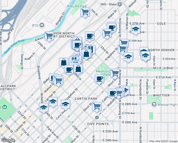 map of restaurants, bars, coffee shops, grocery stores, and more near 3025 Lawrence Street in Denver