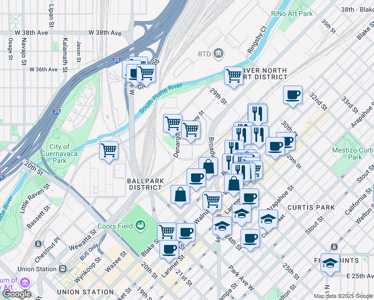 map of restaurants, bars, coffee shops, grocery stores, and more near 2901 Broadway in Denver