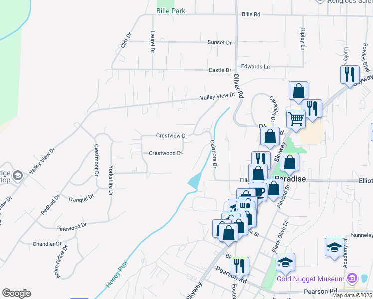 map of restaurants, bars, coffee shops, grocery stores, and more near 558 Crestwood Drive in Paradise