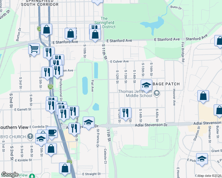 map of restaurants, bars, coffee shops, grocery stores, and more near 2928 South 11th Street in Springfield