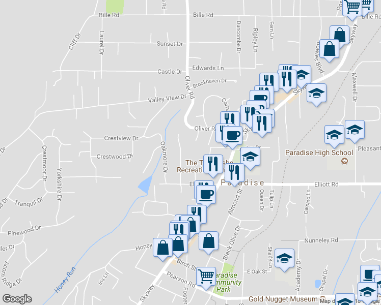 map of restaurants, bars, coffee shops, grocery stores, and more near 5939 Hayes Lane in Paradise