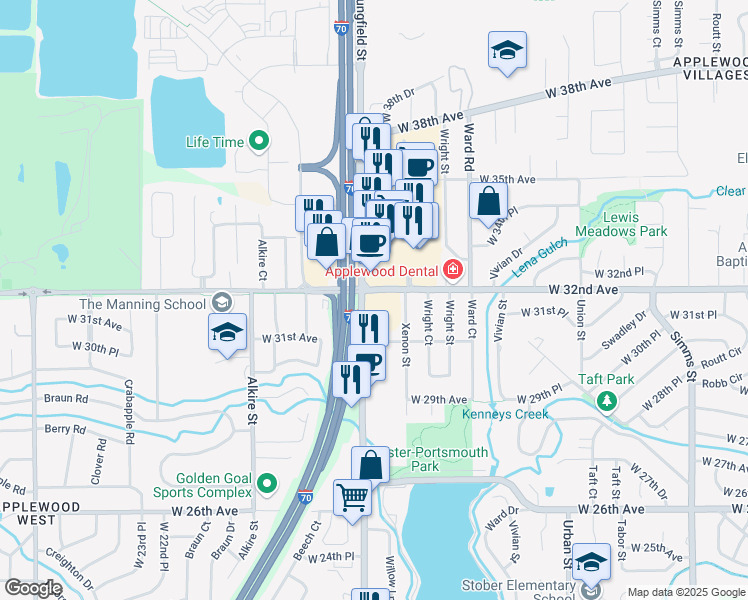map of restaurants, bars, coffee shops, grocery stores, and more near 3400 Youngfield Street in Wheat Ridge