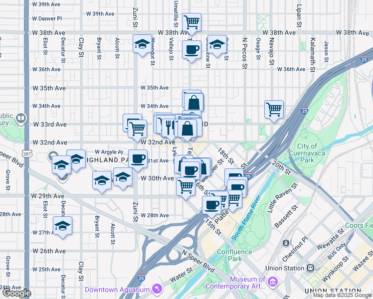 map of restaurants, bars, coffee shops, grocery stores, and more near 3140 Umatilla St in Denver