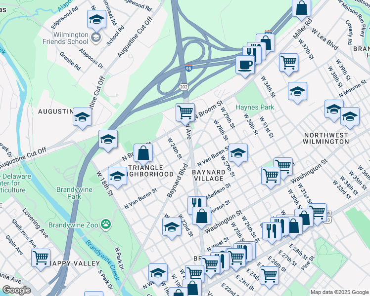 map of restaurants, bars, coffee shops, grocery stores, and more near 800 West 25th Street in Wilmington