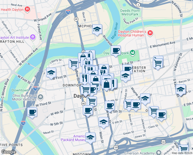 map of restaurants, bars, coffee shops, grocery stores, and more near 27 East 2nd Street in Dayton
