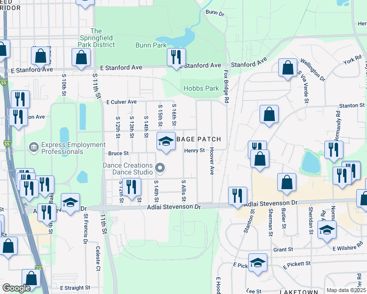map of restaurants, bars, coffee shops, grocery stores, and more near 3001 South Allis Street in Springfield