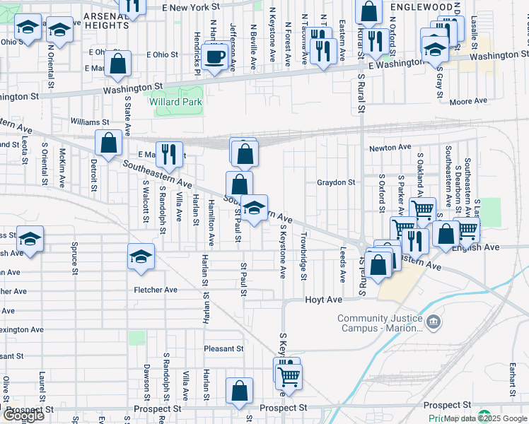map of restaurants, bars, coffee shops, grocery stores, and more near in Indianapolis