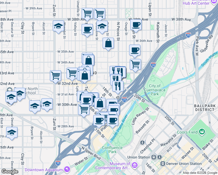 map of restaurants, bars, coffee shops, grocery stores, and more near 1819 Boulder Street in Denver