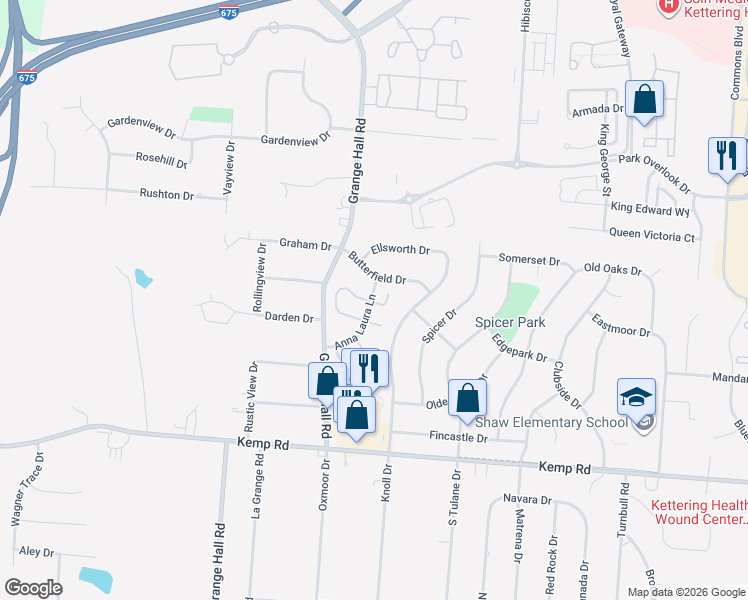 map of restaurants, bars, coffee shops, grocery stores, and more near 2400 Hemlock Drive in Dayton