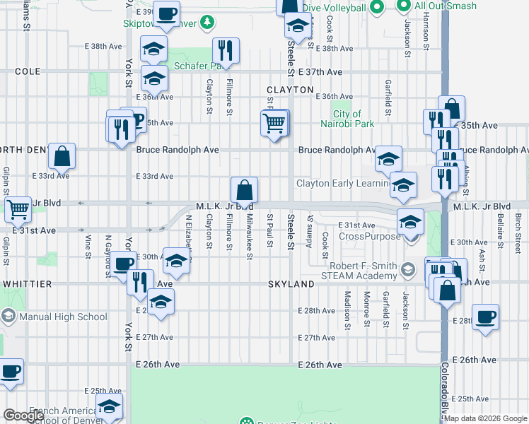 map of restaurants, bars, coffee shops, grocery stores, and more near 3200 Milwaukee Street in Denver