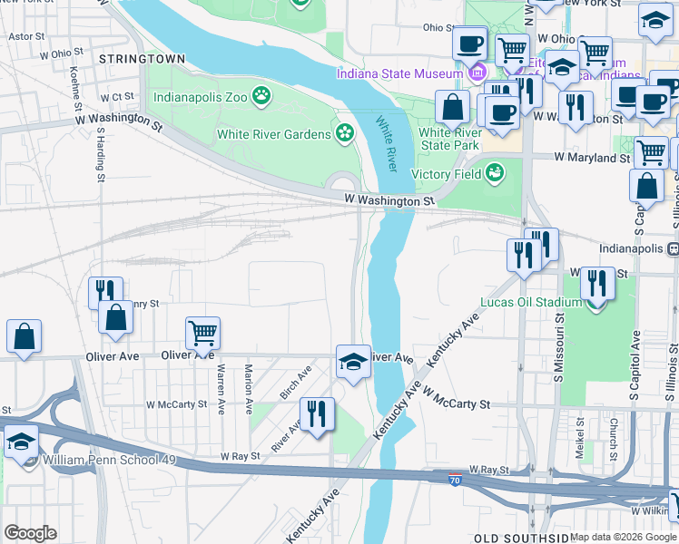 map of restaurants, bars, coffee shops, grocery stores, and more near 350 South White River Parkway Drive West in Indianapolis